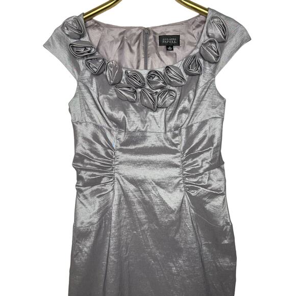 Adrianna Papell Size 10 Silver Gray Rosette Cocktail Dress Evening Sheath - Picture 3 of 13